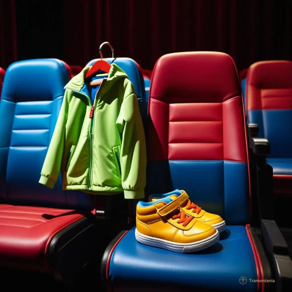 A single colorful children's shoe and a folded adult jacket hanging on the back of a theater seat in dim ambient light