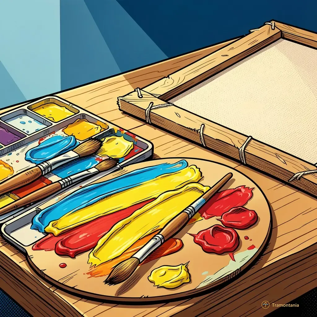 Close-up shot of various art materials displayed on a simple wooden table surface—a palette with thick streaks of bright blue and yellow paint, several small brushes arranged by size (natural bristles), and a piece of raw canvas stretched over a visible frame corner. The light is strong natural daylight coming from the side, highlighting the texture of the wet paint and wood grain.