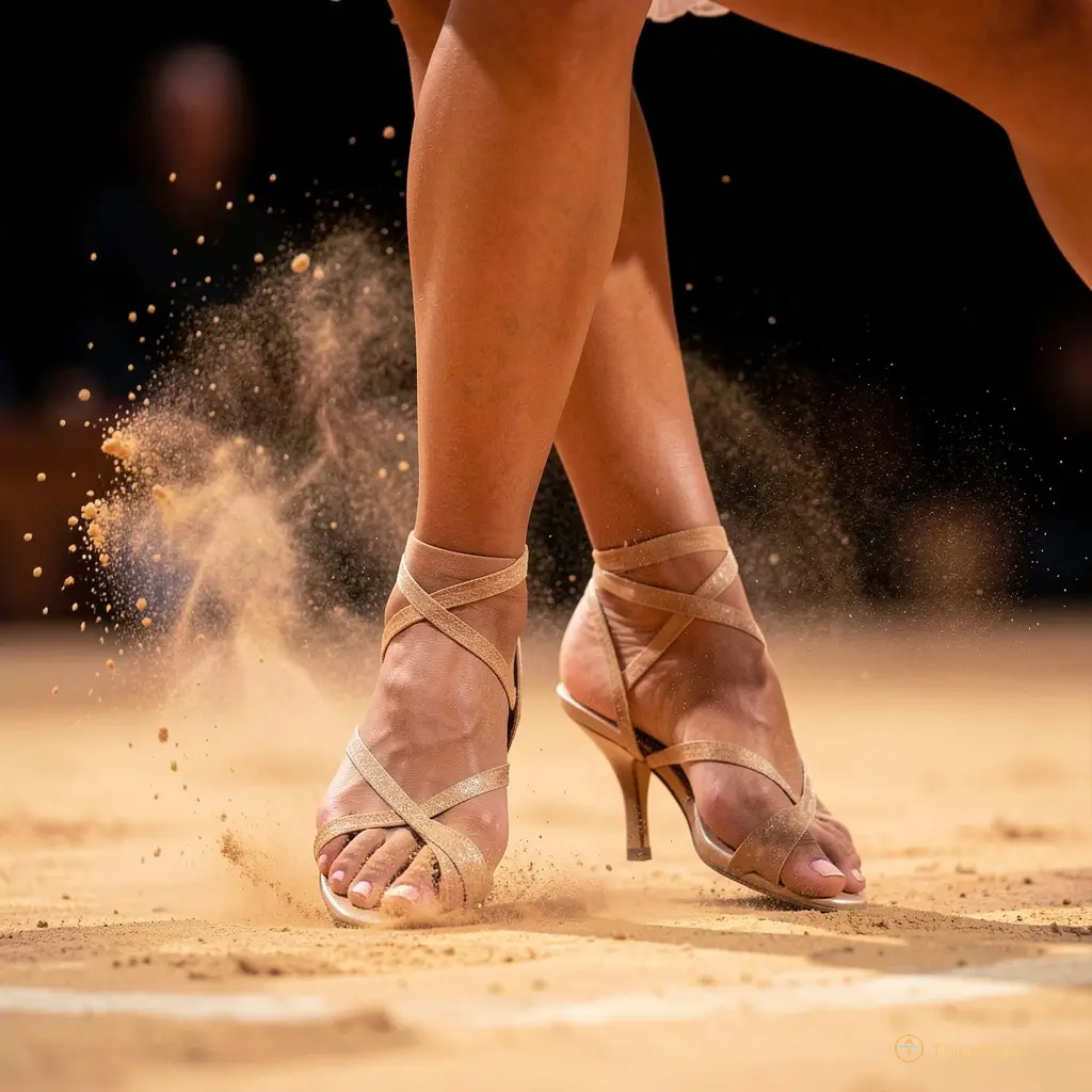 Gros plan sur les pieds de la danseuse exécutant un zapateado, poussière en suspension