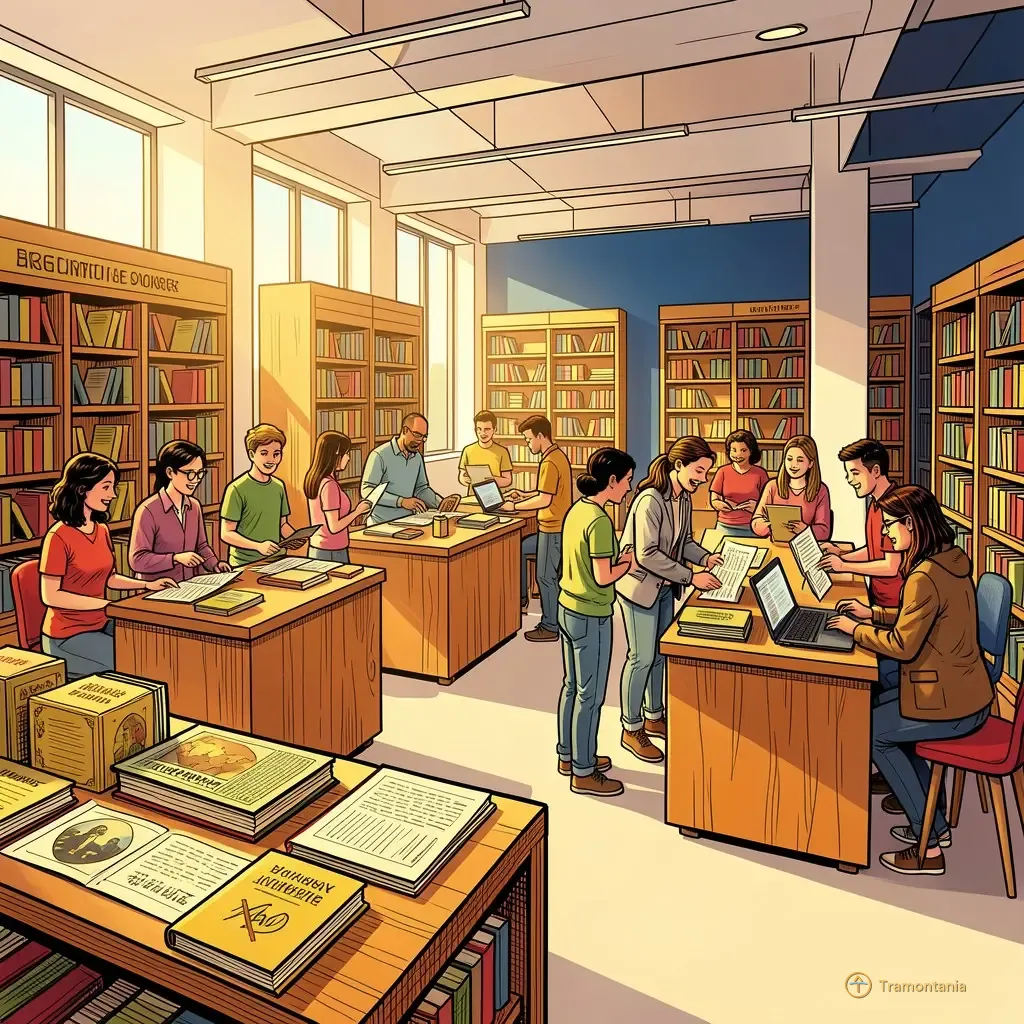 Un groupe d'étudiants et d'adultes consulte divers supports informatifs dans l'espace lumineux et moderne de la bibliothèque