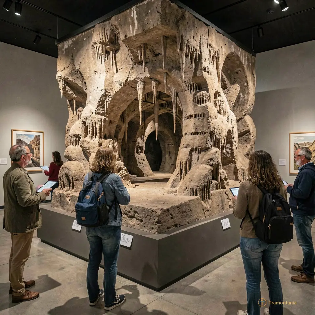 Visitors observing the detailed cave model in a contemplative gallery setting