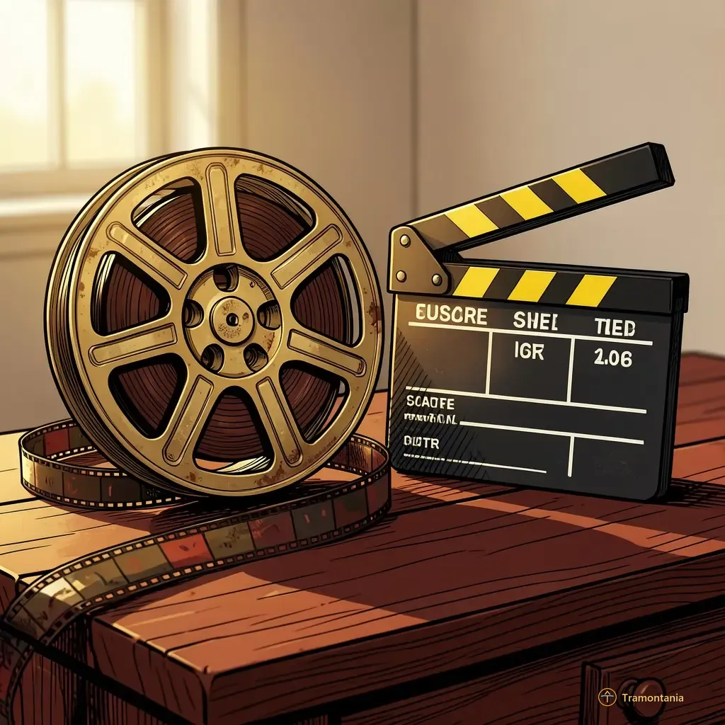 Nino, l'âne de Tramontania — Un bobinage de film antique et un plateau de clap reposent sur une table sombre, dessinés dans un style richement détaillé