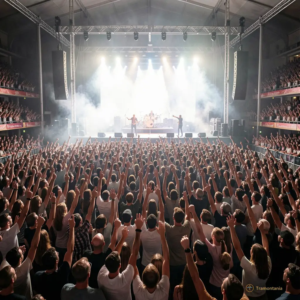 Plan large d'une salle de concert bondée, foule levant les poings vers une scène enveloppée de fumée légère