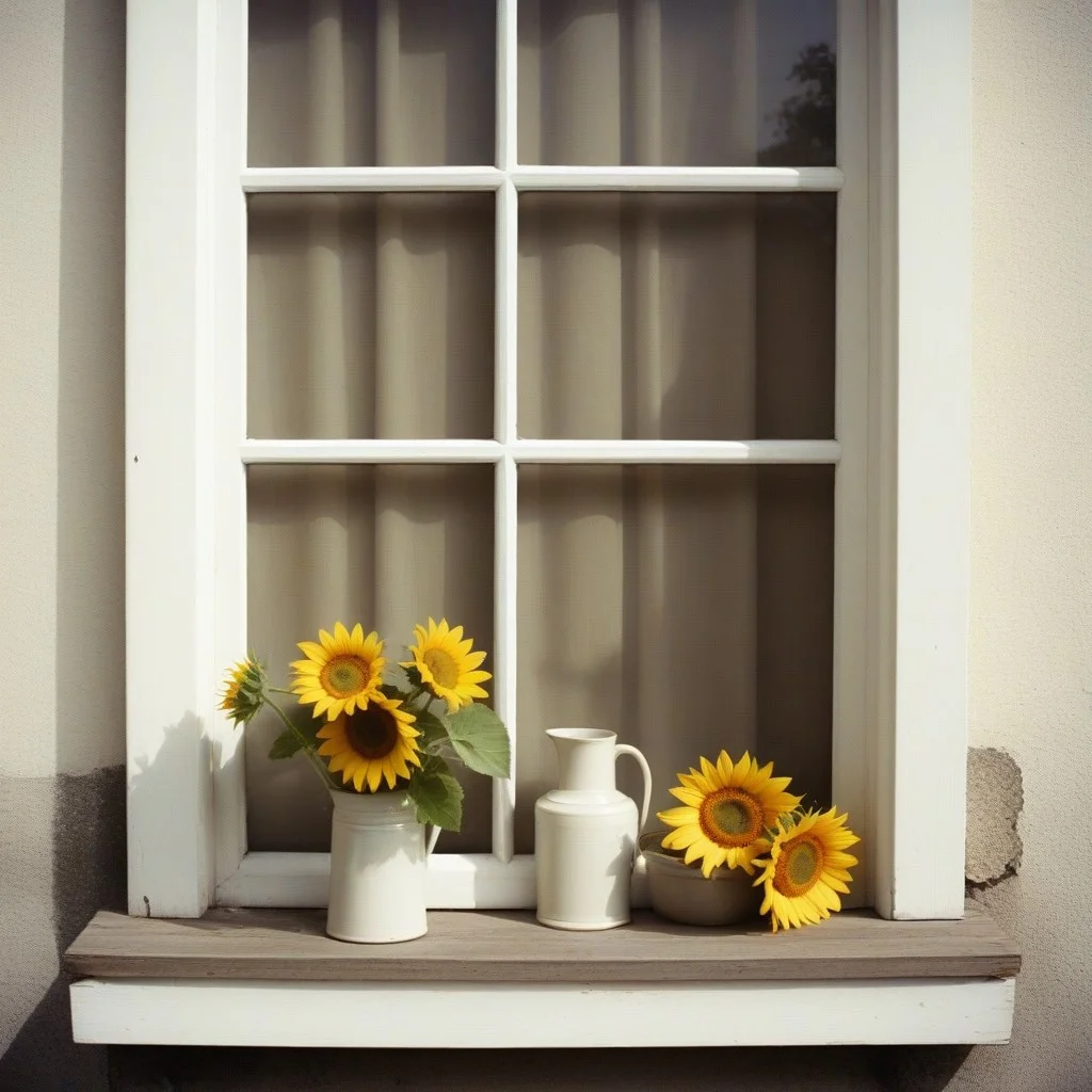 Une vieille boîte en fer-blanc, rouillée aux bords, contenant des pièces de monnaie usées, un bout de ficelle, une clé cassée et trois graines de tournesol séchées. Posée sur le rebord d’une fenêtre ouverte, avec la lumière du crépuscule qui filtre à travers les stores en toile.