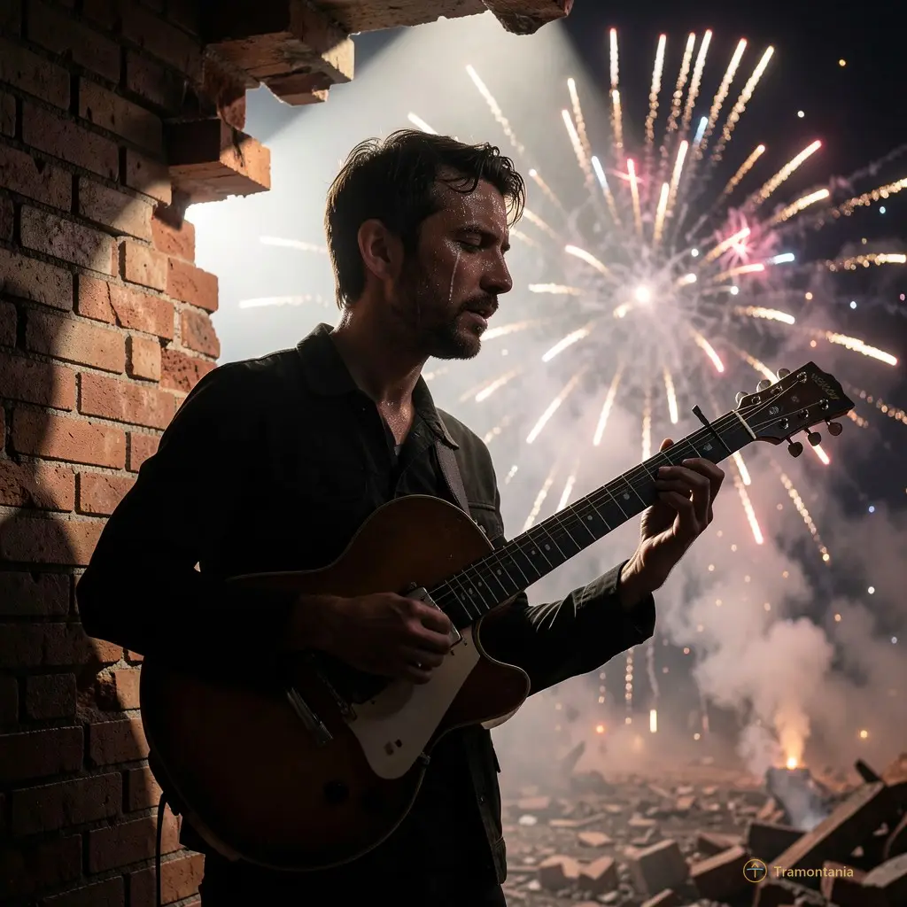 A lone guitarist silhouetted against a collapsing brick wall, spotlight catching sweat on his cheek as pyrotechnics explode in the background.