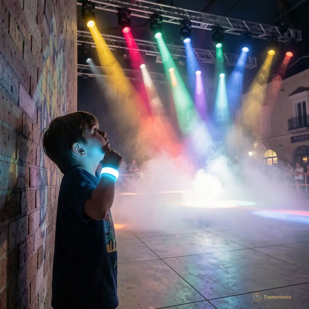 A child with a glowing wristband standing in front of the wall, staring up at the stage as colored beams cut through mist rising from the square.