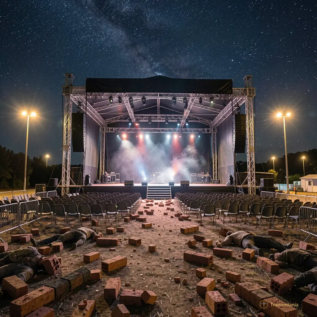 The empty stage after the concert, bricks scattered like fallen soldiers under a starlit sky as streetlights flicker on one by one.