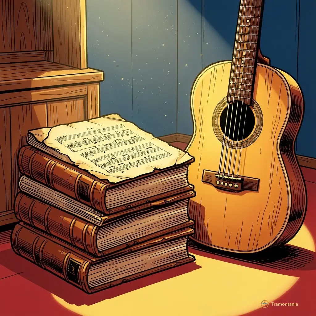 Une pile de manuscrits anciens et de partitions repose près du corps d'une guitare acoustique vintage dans un coin scénique peu visible