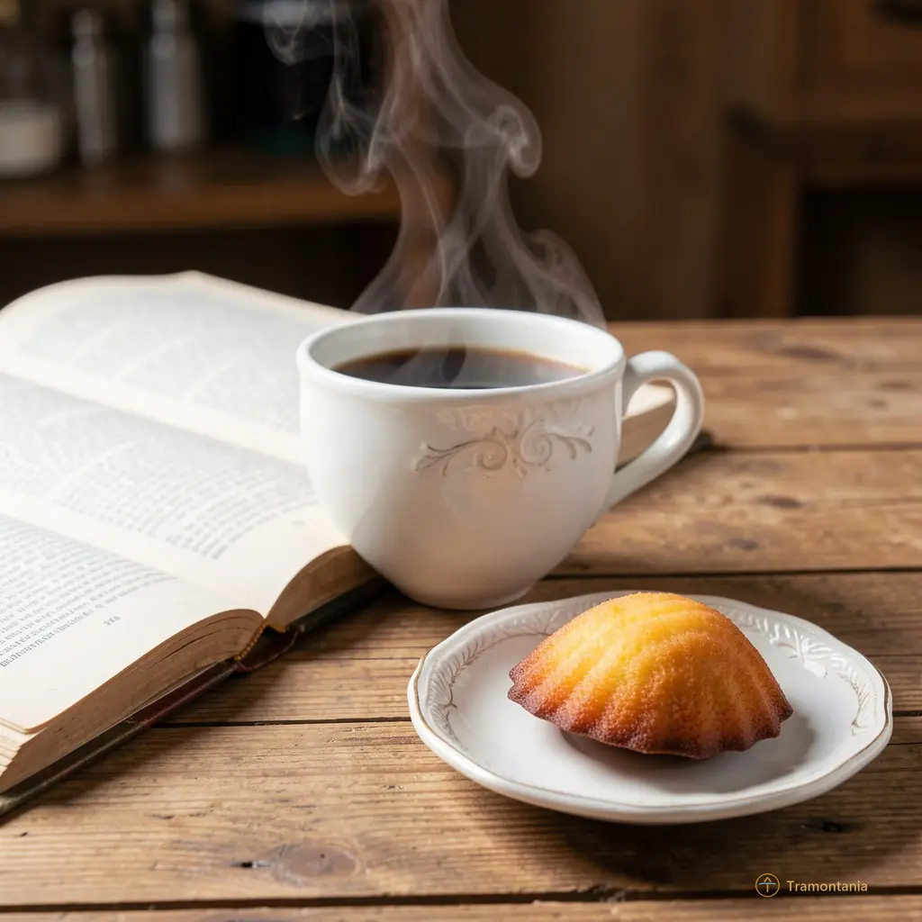 Close-up of a steaming cup of coffee next to an open book and a small plate with a golden madeleine cake on the wooden counter