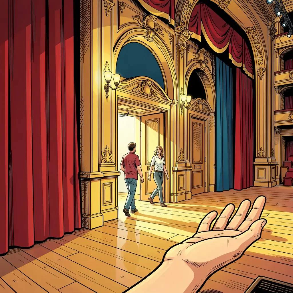 Le plan latéral capture l'entrée scénique ornée d'un grand théâtre, montrant le parquet devant la scène fermée par les rideaux