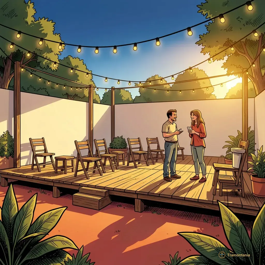 Nino, l'âne de Tramontania — Un petit plateau de bois avec quelques accessoires est aménagé dans l'espace extérieur où deux adultes conversent près du bord scénique