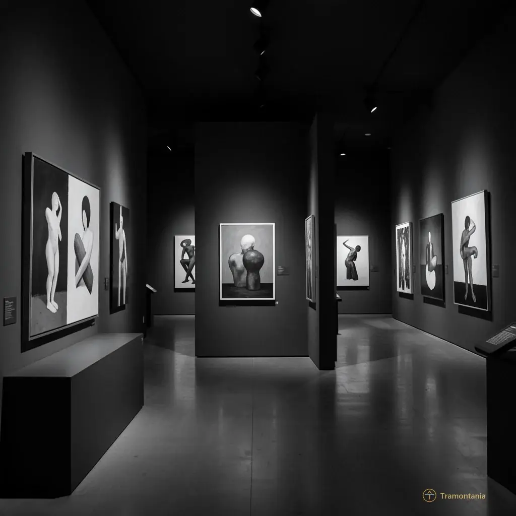 A black and white photograph exhibition showing abstract figures in a dimly lit museum space