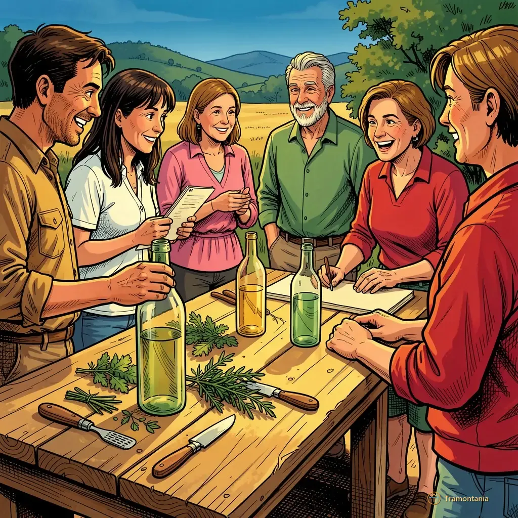 Nino, l'âne de Tramontania — Plusieurs adultes sont rassemblés autour d'une table rustique en bois dehors, où reposent herbes fraîches et outils simples