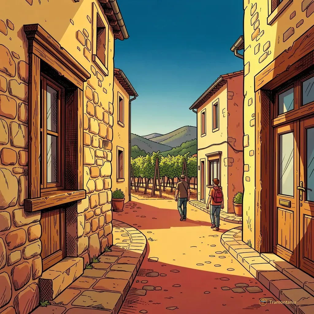 Une rue locale révèle un mur de pierre ancien avec l'aperçu de vignes grimpantes entre les bâtiments voisins