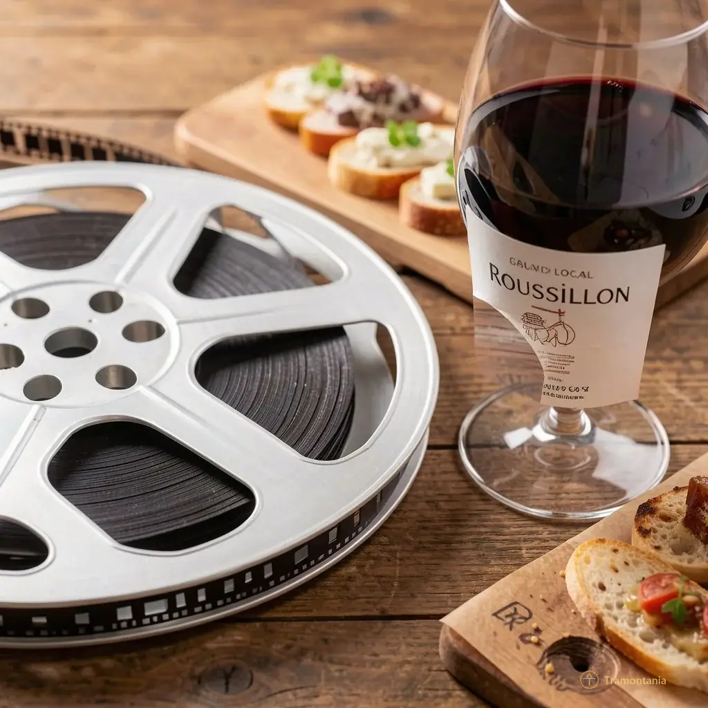 Close-up of a cinema film reel resting on a wooden table next to a glass of local Roussillon wine and some tapas