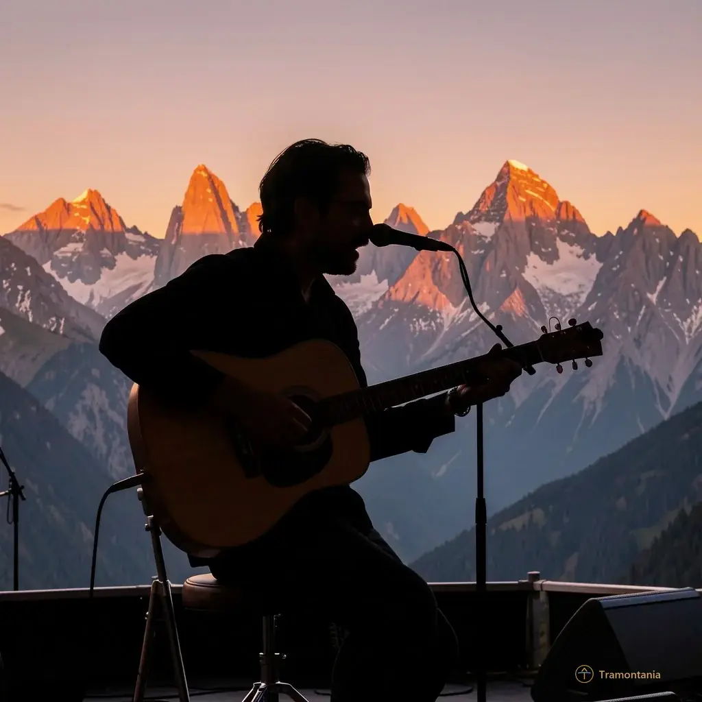 A silhouette of a musician playing an acoustic guitar on stage against the backdrop of the Pyrenees mountains during sunset
