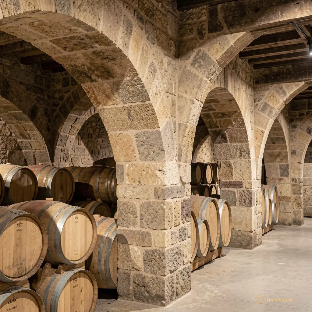 Close-up of stone arches inside the Byrrh cellars with wooden barrels visible in soft shadow