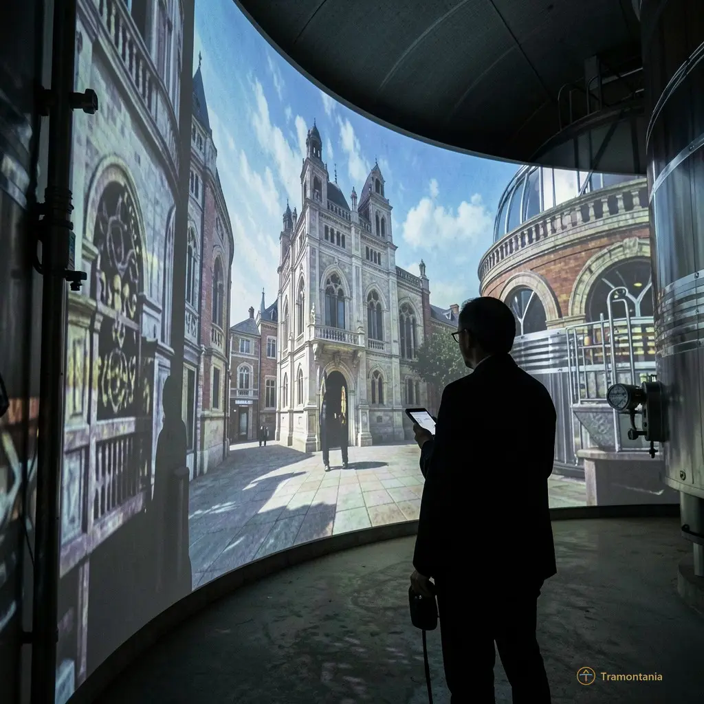Silhouette of a visitor looking at an architectural projection on the curved wall of a wine tank