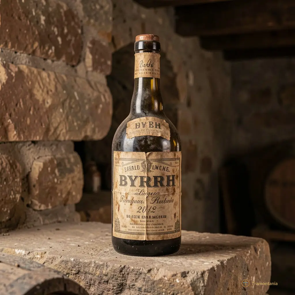 Detail of an old Byrrh label or vintage bottle resting on a stone ledge in the cellar