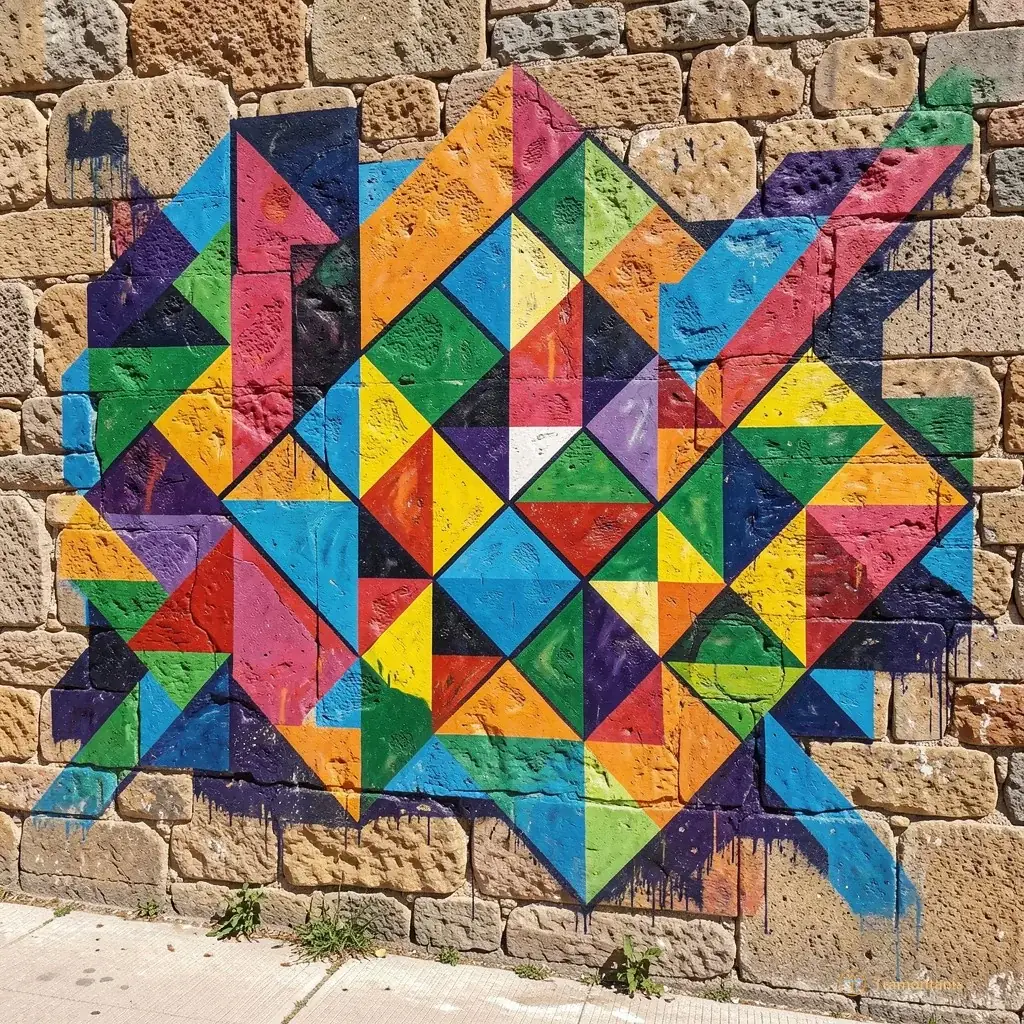 A street art mural in Thuir featuring vibrant colors and geometric patterns on a stone wall