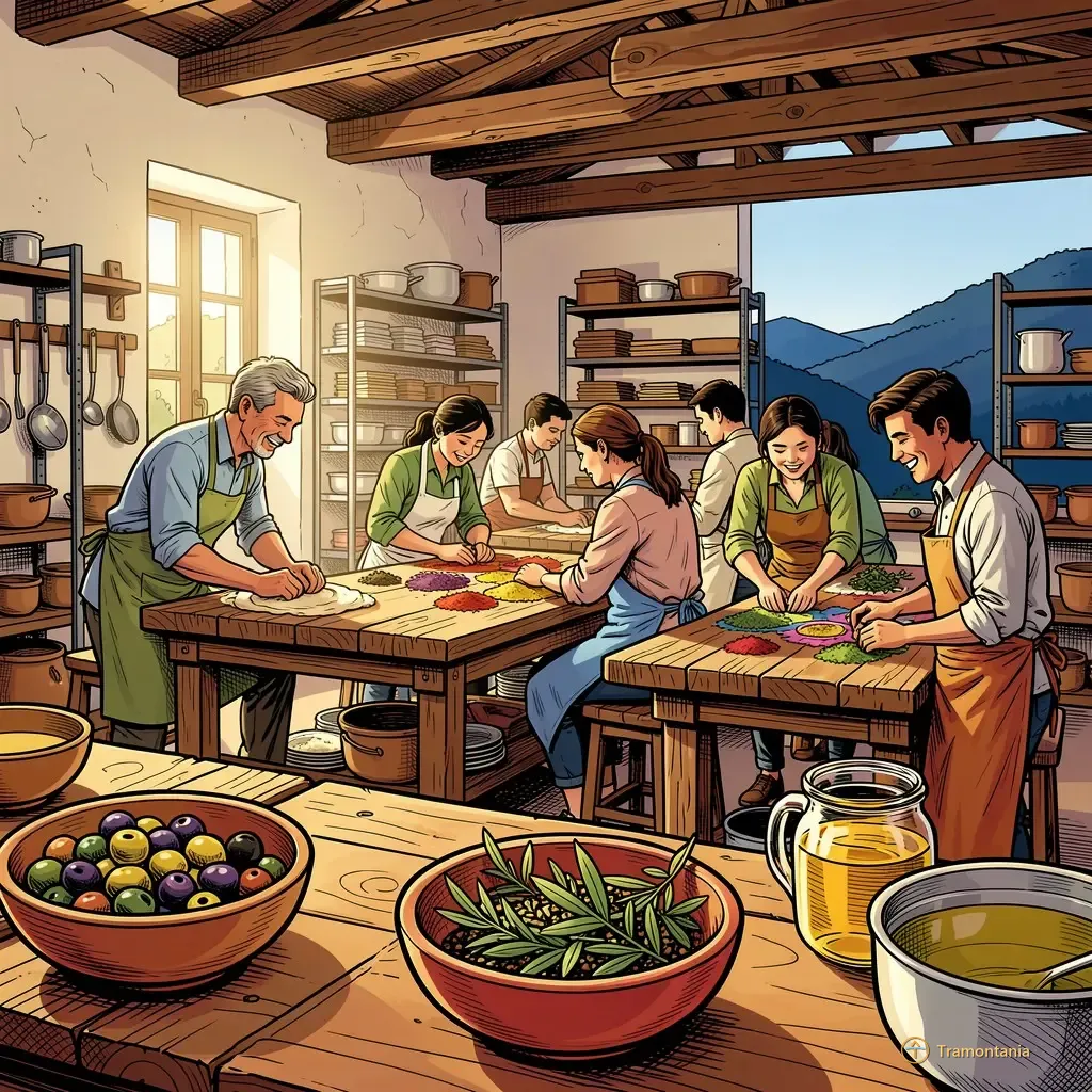 Un atelier rustique présente de longs établis en bois où plusieurs groupes préparent la pâte ou arrangent les épices près d'olives locales