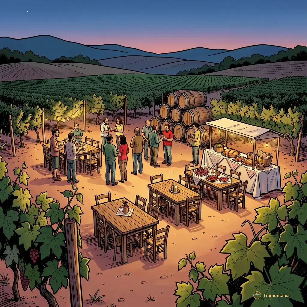 Nino, l'âne de Tramontania — Des tables et chaises en bois sont disposés pour un rassemblement extérieur dans le vignoble, avec des étals garnis d'aliments variés