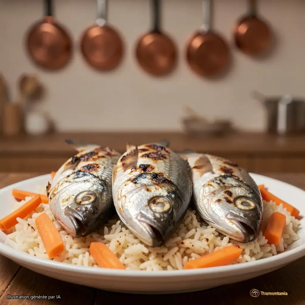 Close view of three whole grilled fish resting in the center of the dish, skin slightly charred, eyes still intact, surrounded by pale rice and orange carrots. The background is blurred — a kitchen wall with hanging copper pots.