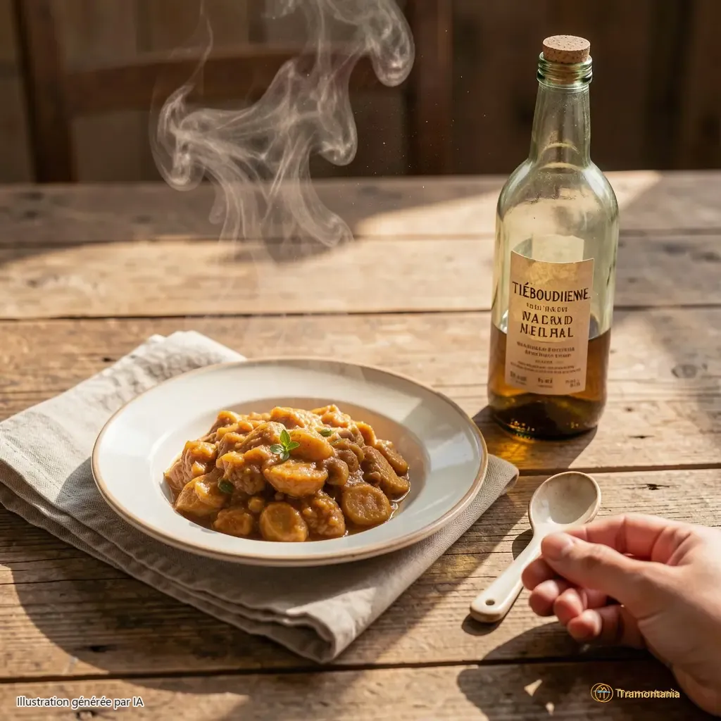 A rustic wooden table set for two. One plate holds tiéboudienne, steam rising faintly; beside it, an unopened bottle of palm wine, a ceramic spoon resting at the edge. Sunlight slants across the surface, illuminating dust motes above the cloth napkin.