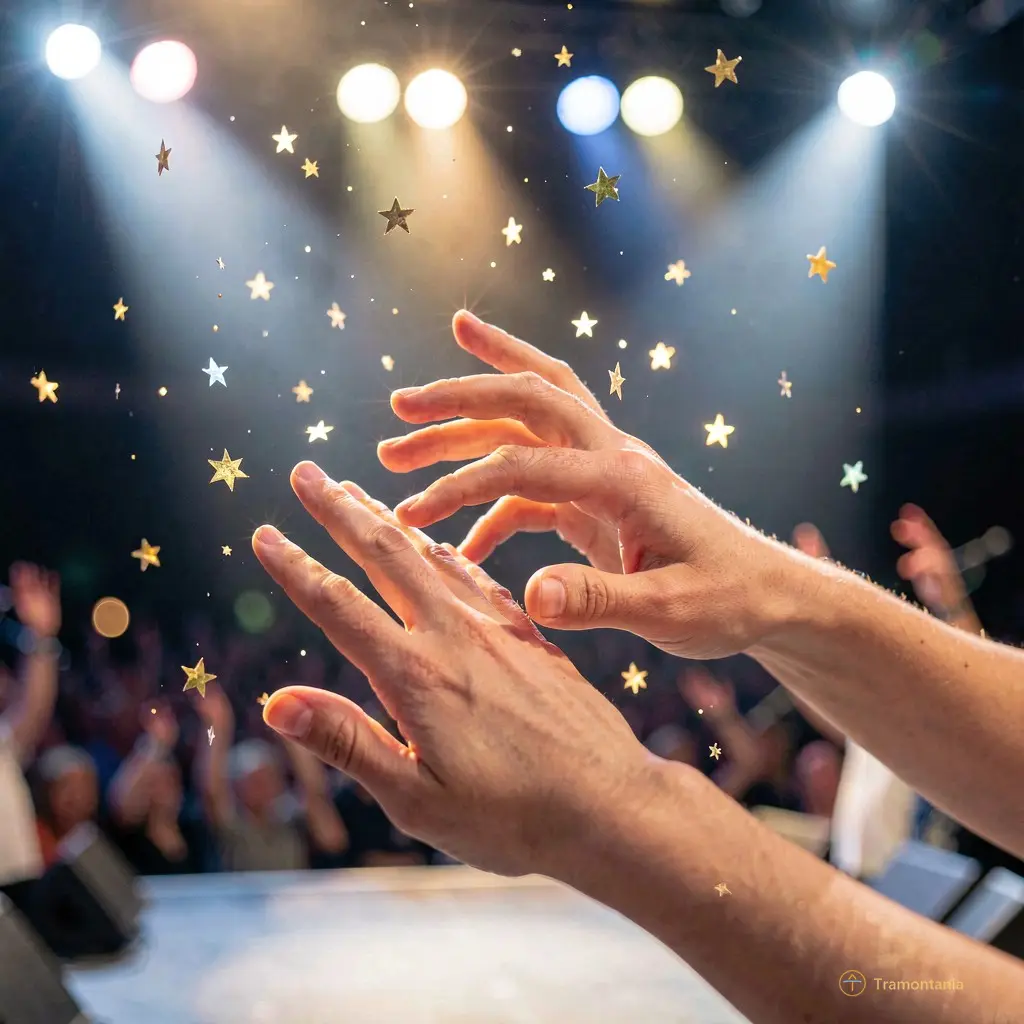 Close-up of hands reaching toward the stage — fingers brushing air as if catching falling stars, blurred lights behind them