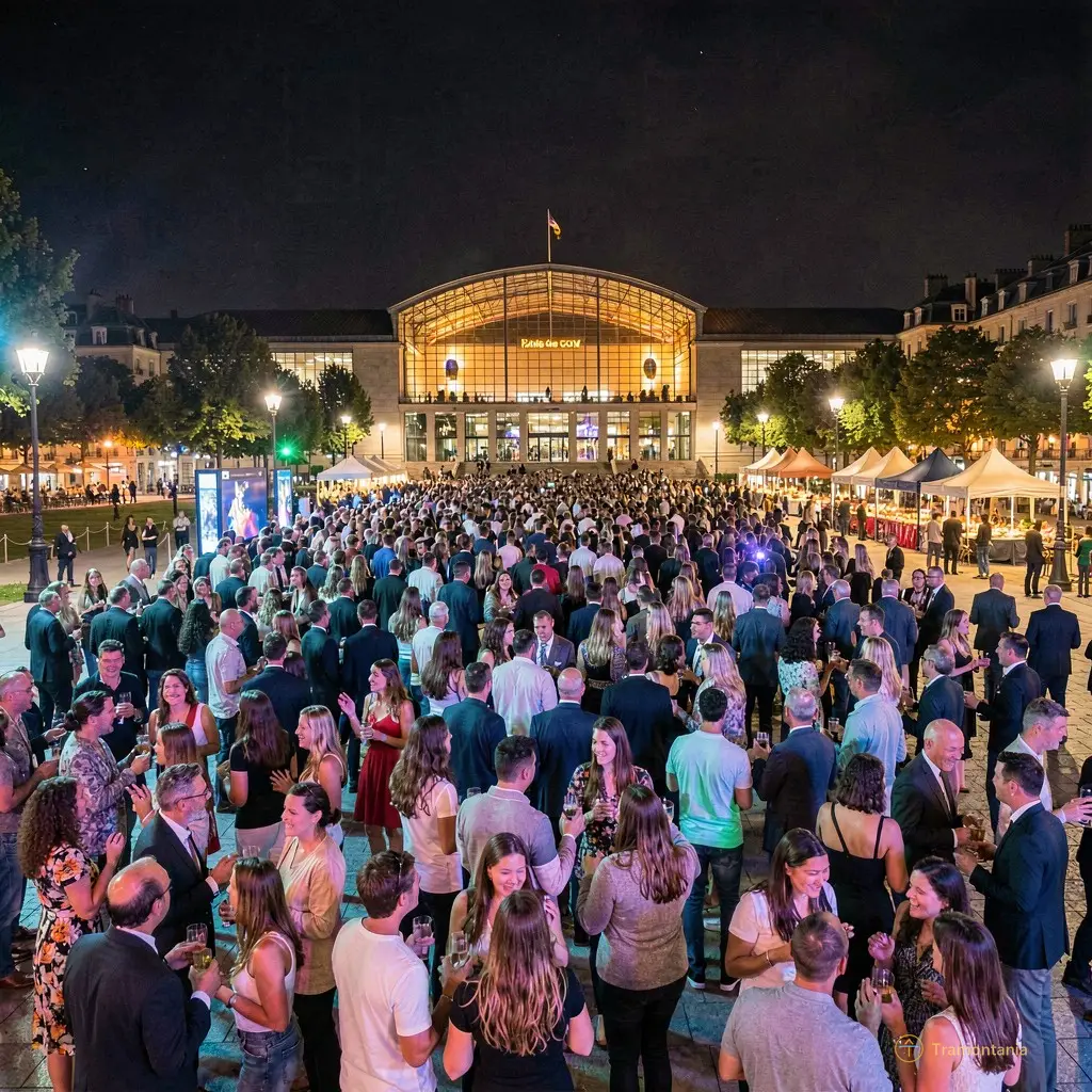 Wide shot of Place Armand Lanoux at night, packed with people swaying together under multicolored lights, Palais des Congrès glowing like a lantern in the dark