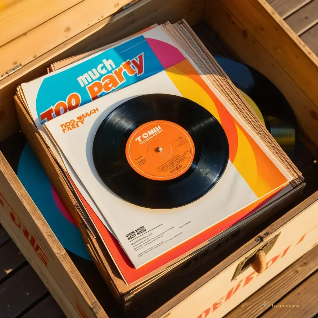 Close-up of a vintage vinyl record sleeve titled "Too Much Party" resting on an old wooden crate filled with other colorful records and festival flyers, bathed in warm golden hour light.