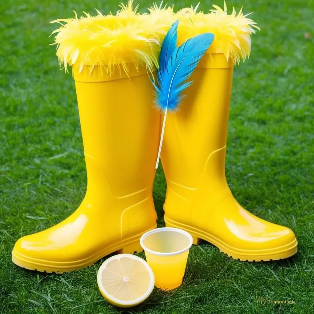 Detail shot of a pair of bright yellow rubber boots and a colorful feather boa lying on the grass next to an empty plastic cup with lemon slices, suggesting a lively party atmosphere after the event.