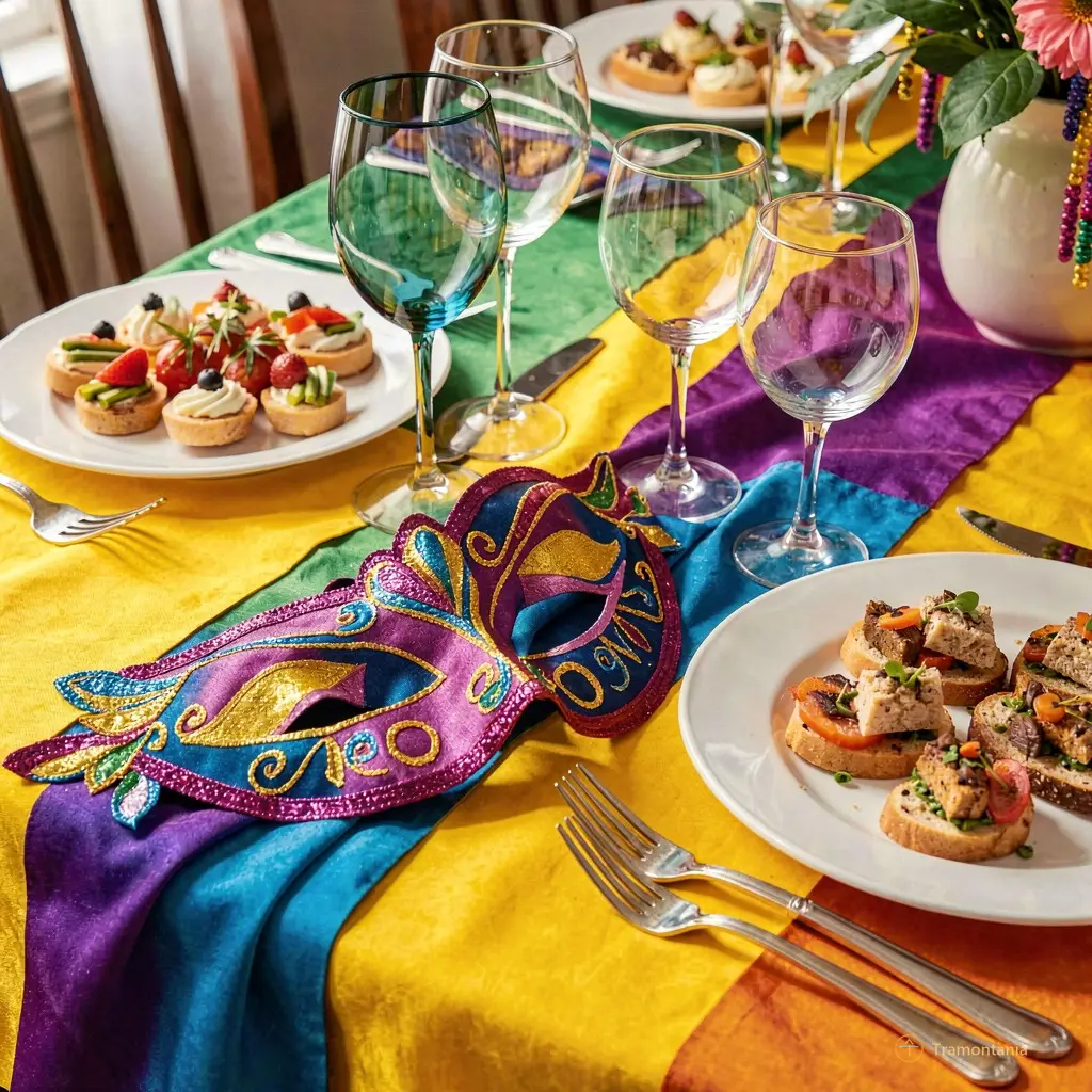 Nino, l'âne de Tramontania — Un arrangement festif sur une table présente des couleurs vives, des masques décoratifs à côté de verres et d'amuse-gueules évoquant un carnaval