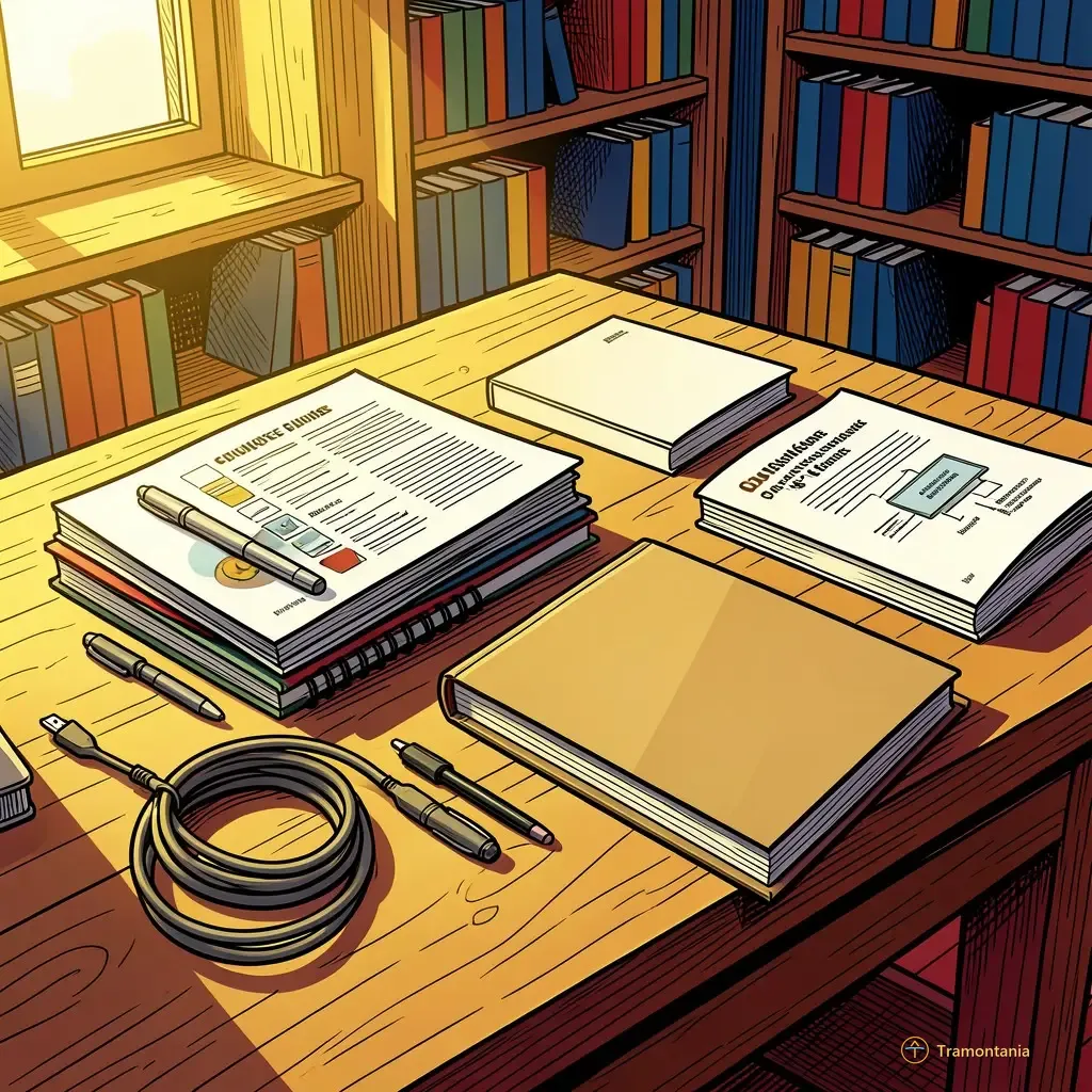 Close-up shot on a stack of diverse learning materials placed neatly at an open wooden workbench inside the library space. The items include printed guides (with visible but illegible text), pens, and small electronic manuals or booklets related to digital use. Sunlight streams in from one side, highlighting the texture of the paper and wood grain. Focus is sharp on a few specific physical objects used for learning: an external power bank, a charging cable coiled neatly, and a guide book open to a diagram section.