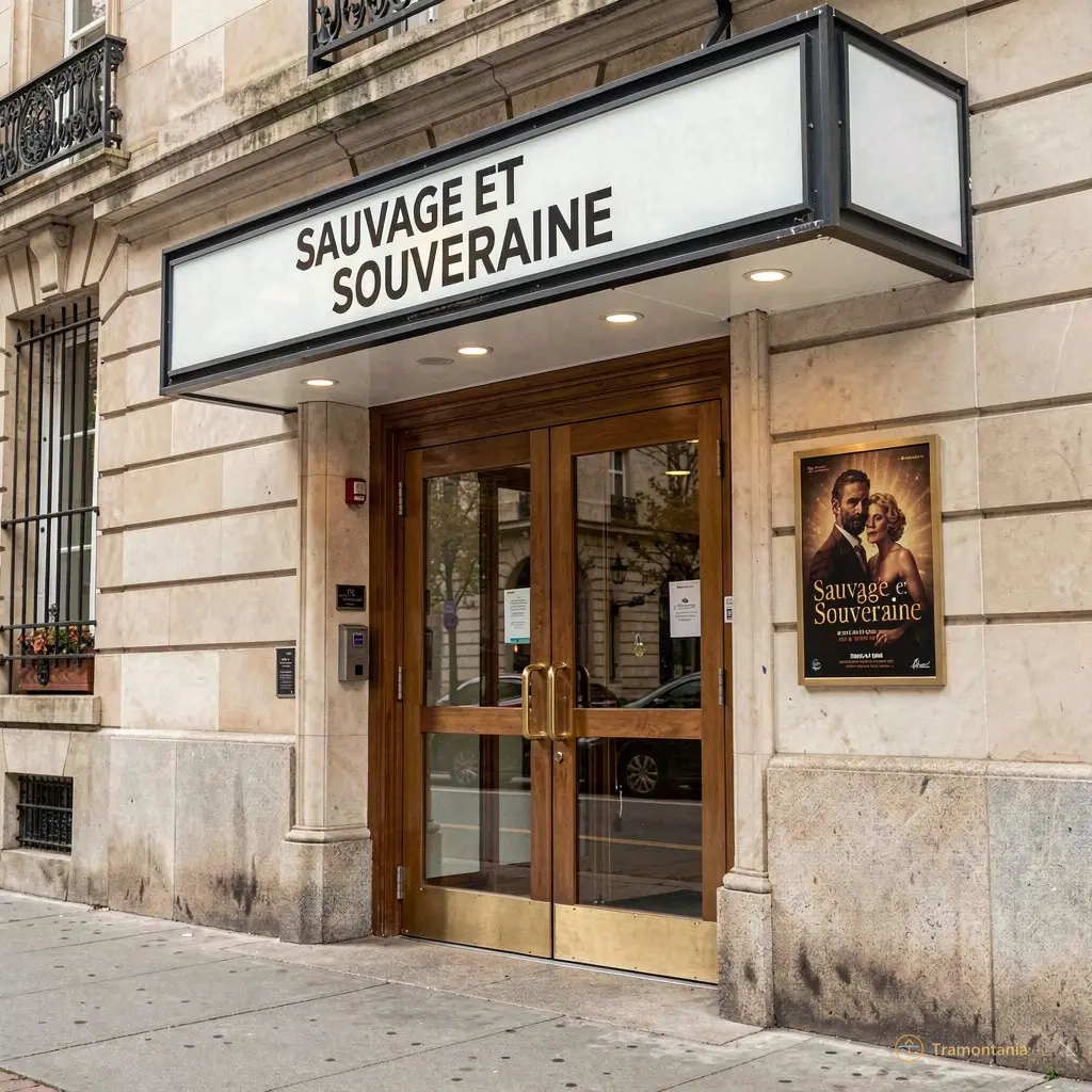 Exterior shot of the theater entrance with a small poster for 'Sauvage et Souveraine'