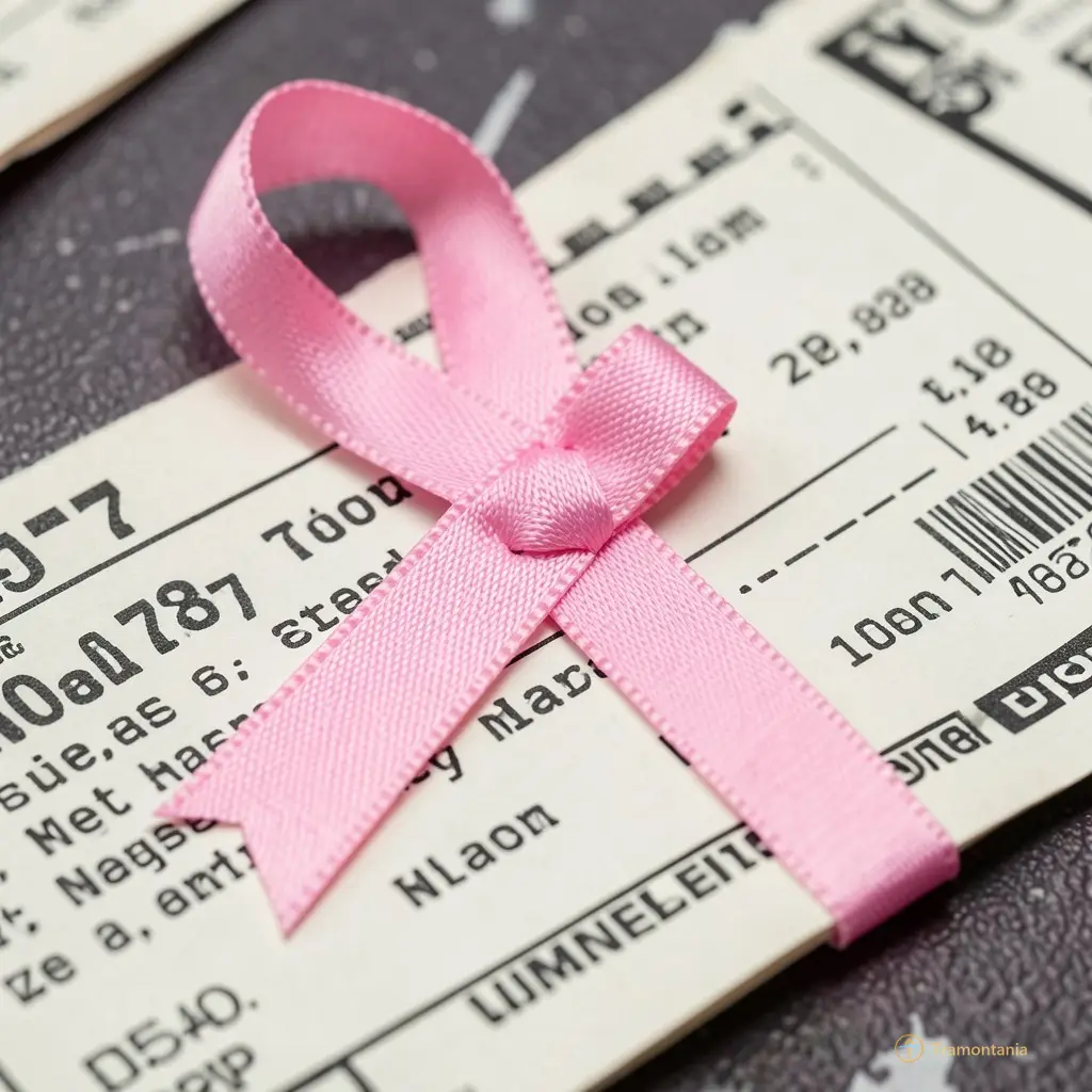 Close up of a pink ribbon pinned to a theater program or ticket