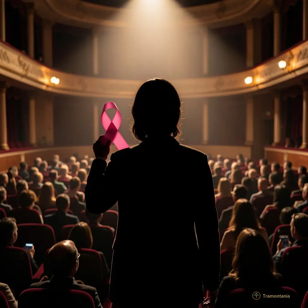 Silhouette of an audience member holding a pink ribbon in a dimly lit theater
