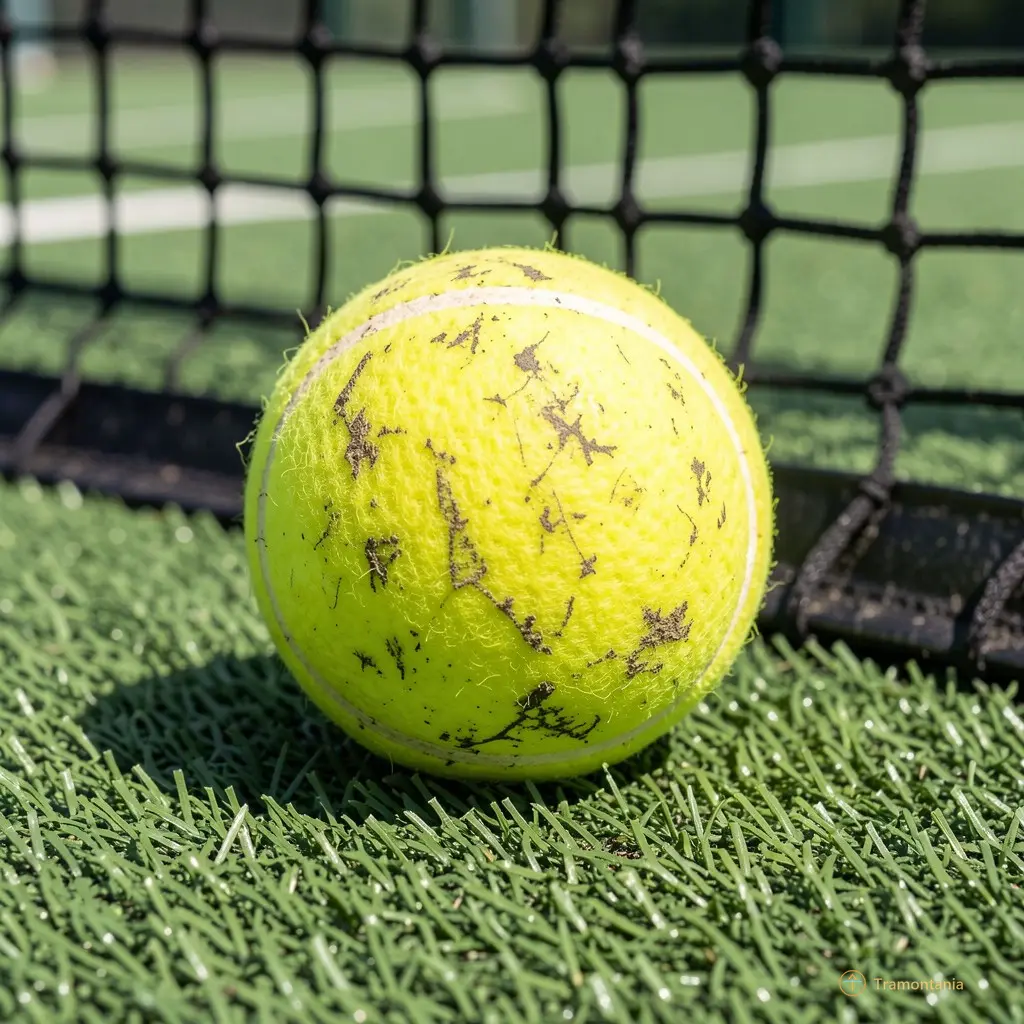 Close-up of a worn yellow padel ball resting on the green artificial turf court surface near the net