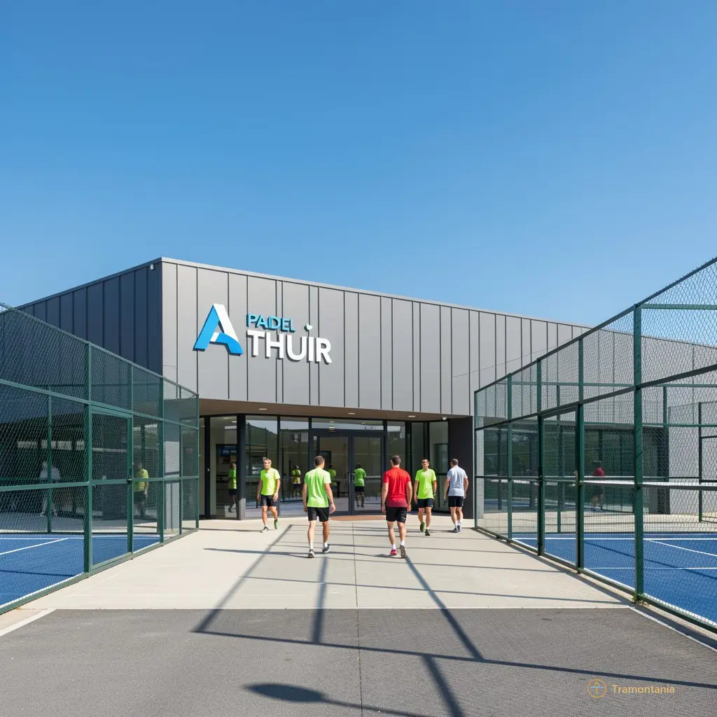 Wide shot of the modern A Padel Thuir facility exterior with players walking towards the entrance under a clear blue sky