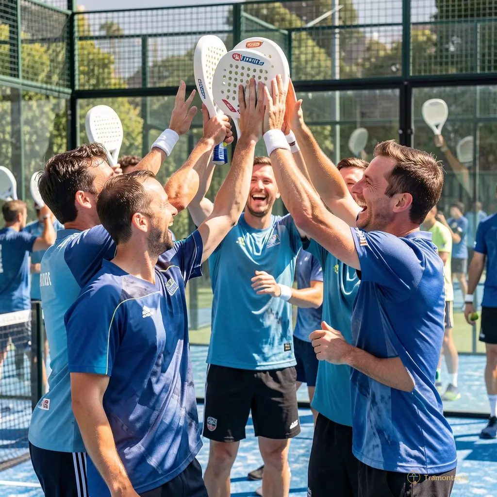 Group of male padel players high-fiving and celebrating after a match, smiling and energetic atmosphere