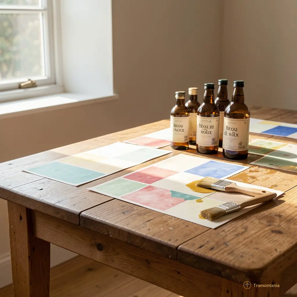 Plan moyen d’une table en chêne, recouverte de papiers à moitié peints, des bouteilles de brou de noix alignées. Un seul pinceau posé sur le bord, encore humide. Lumière naturelle tombant obliquement depuis une fenêtre haute.