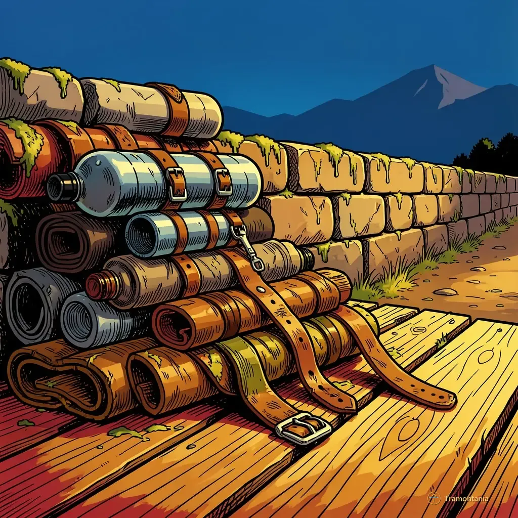Une pile d'équipement de randonnée variés repose sur des planches de bois rugueuses contre un muret de pierre ancien
