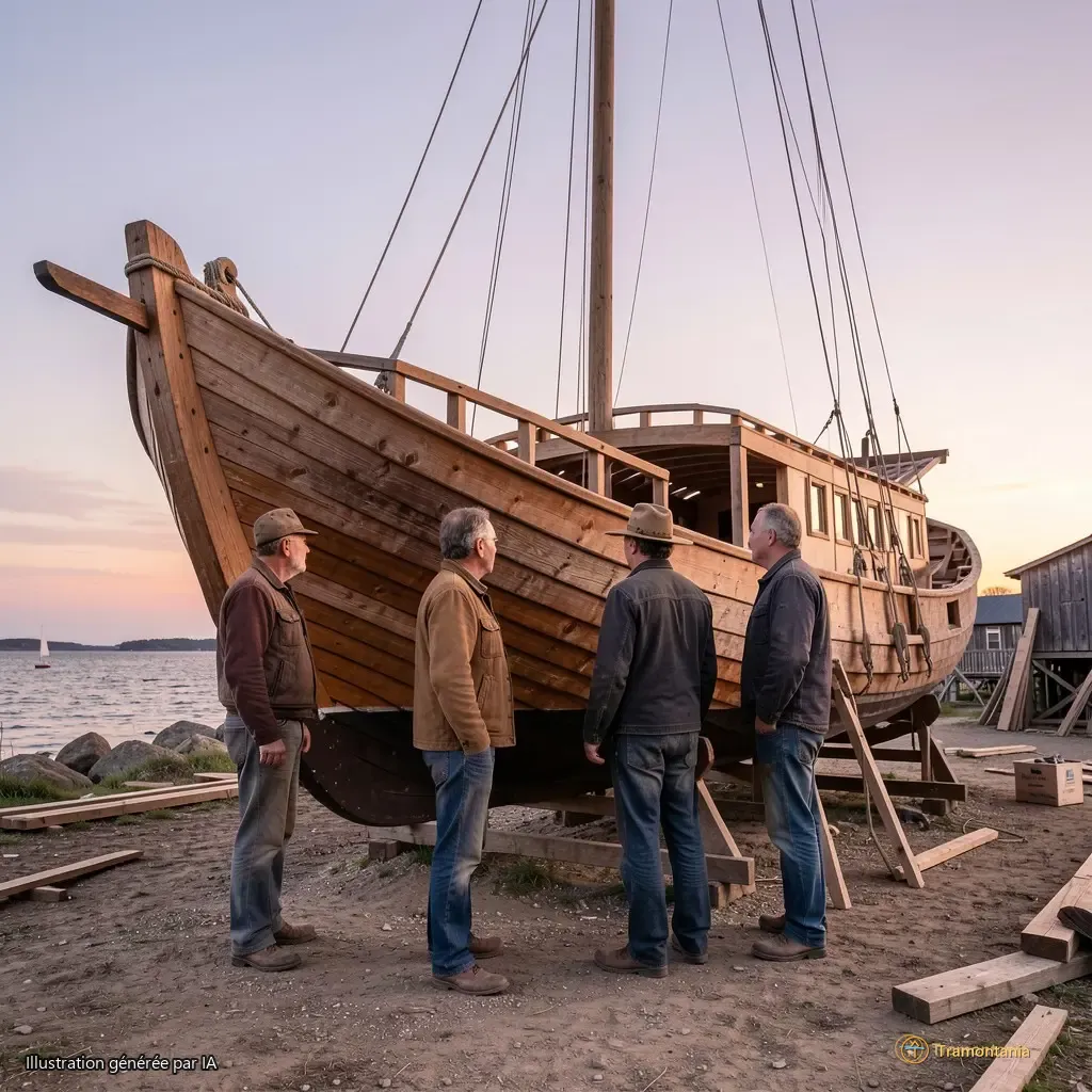 Atelier des Barques, vue en contre-plongée, trois personnes debout près d’une coque à mi-construction, lumière douce du crépuscule