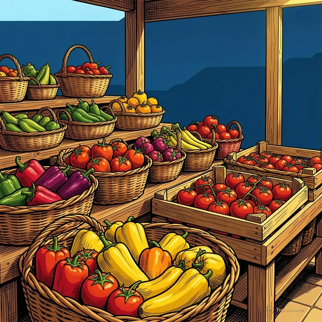 Nino, l'âne de Tramontania — Des paniers tissés variés et caisses en bois débordent de produits frais locaux comme les poivrons et tomates