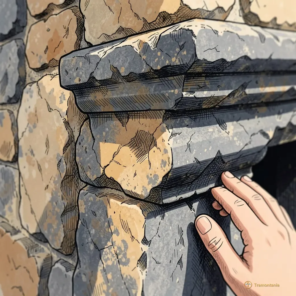 Le même type de linteau en pierre ancienne montre les traces du temps avec ses nuances ocre clair et gris profond