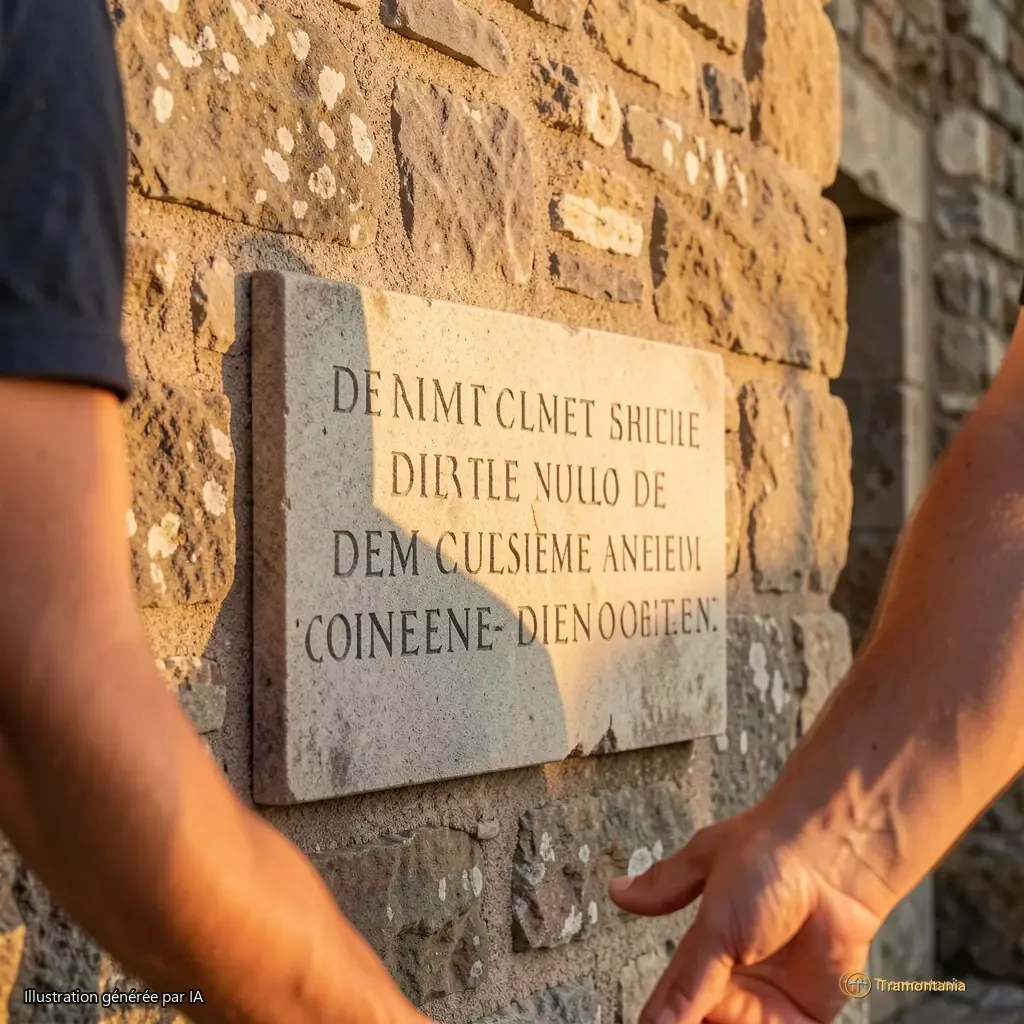 Détail du mur nord-ouest du château. Une plaque en pierre gravée, à hauteur d’homme, porte une inscription latine partiellement effacée. La lumière du soleil couchant l’éclaire de biais.