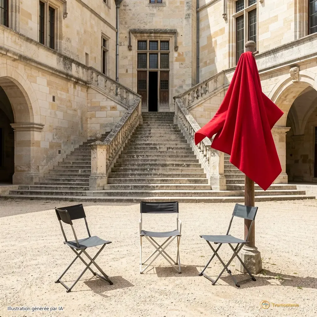 La cour du château vide après la fin d’un spectacle. Trois chaises pliantes sont posées en demi-cercle devant l'escalier de pierre. Une cape rouge pend à un poteau, légèrement soulevée par une brise.