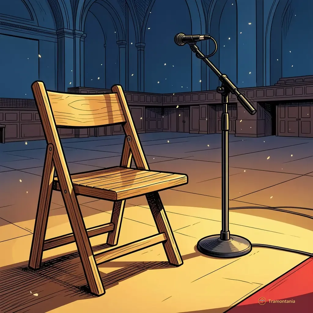 Une chaise pliante en bois et un pied de microphone vide reposent près d'une entrée de grande salle baignée par la lumière du jour