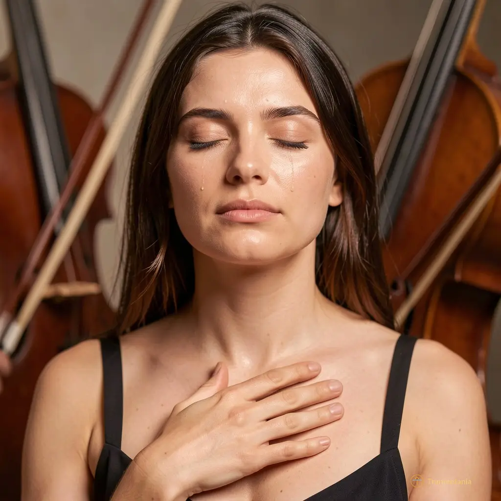 Marianne Crebassa mid-note, eyes closed, one hand lightly touching her chest as the strings swell behind her — a single bead of sweat catches the light.