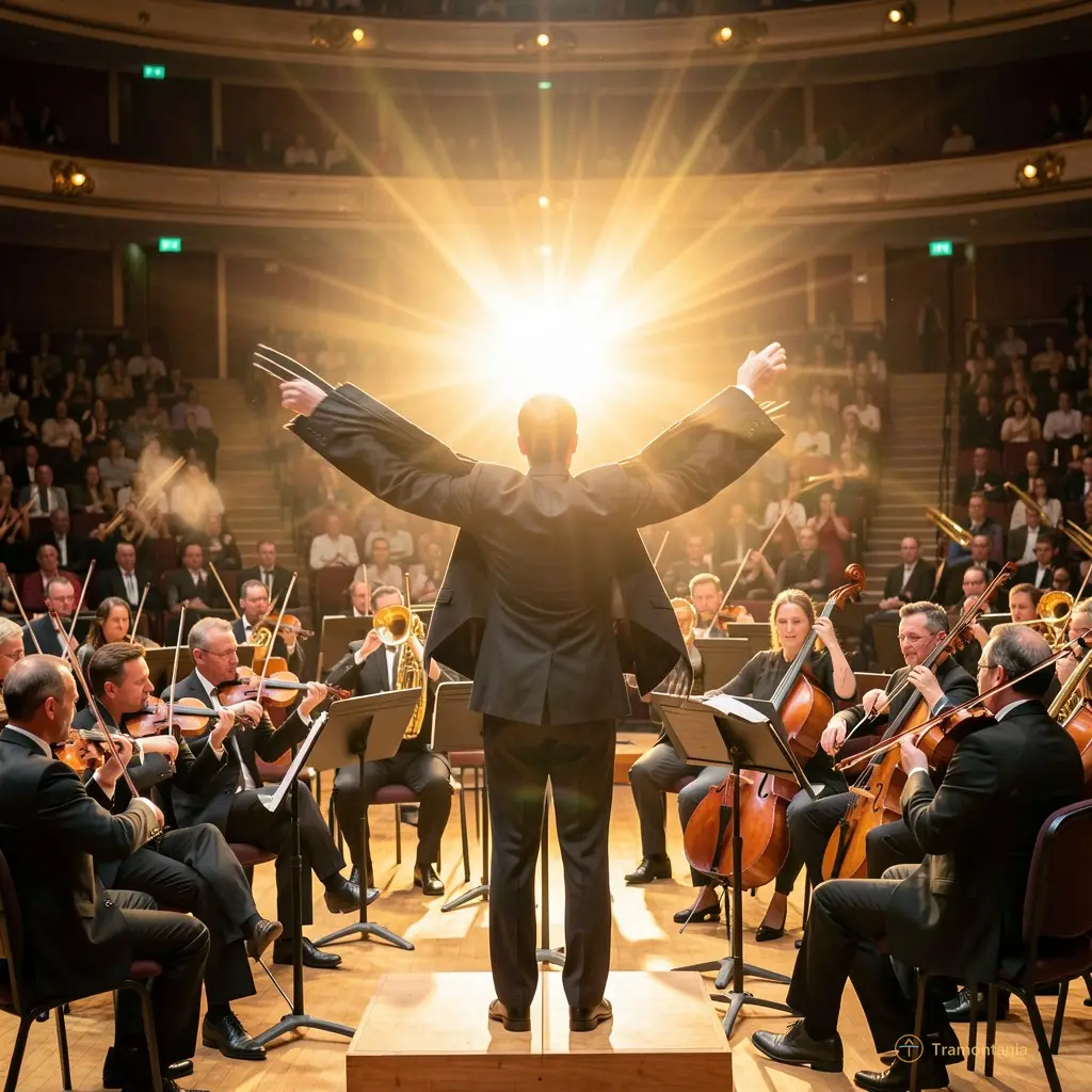 The orchestra in full motion — bows flying, brass blazing, the conductor’s jacket flaring like wings as light bursts from behind him.